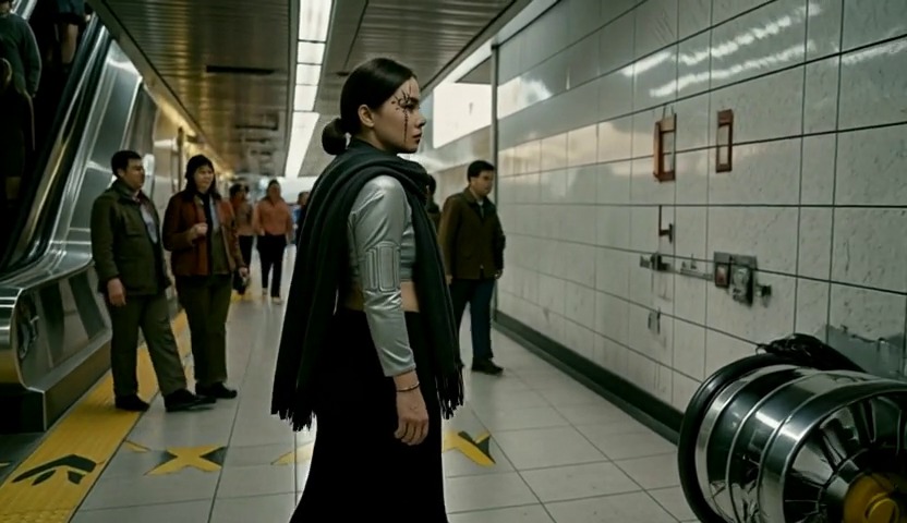 Still from the generated clip retaining the obsolete scarf